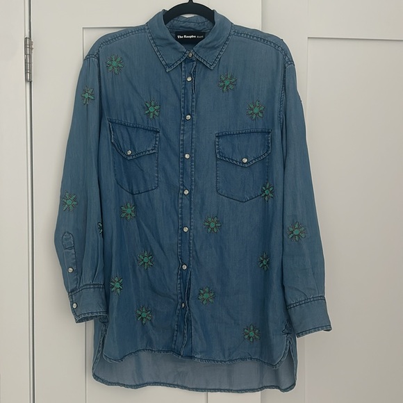 The Kooples Teal Embroidered chambray denim shirt size small oversized - Picture 1 of 8